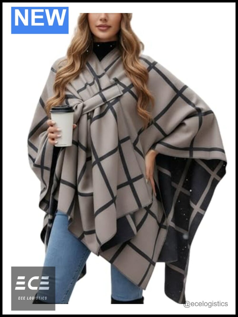 Reversible Plaid Open Front Ruana Poncho Shawl Wrap Cardigan